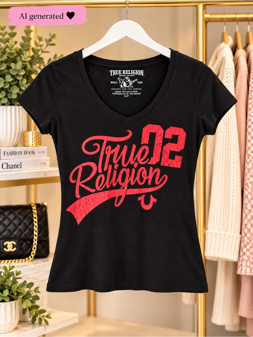 True Religion Black V-Neck Graphic T-Shirt | Red Logo | Size S/P